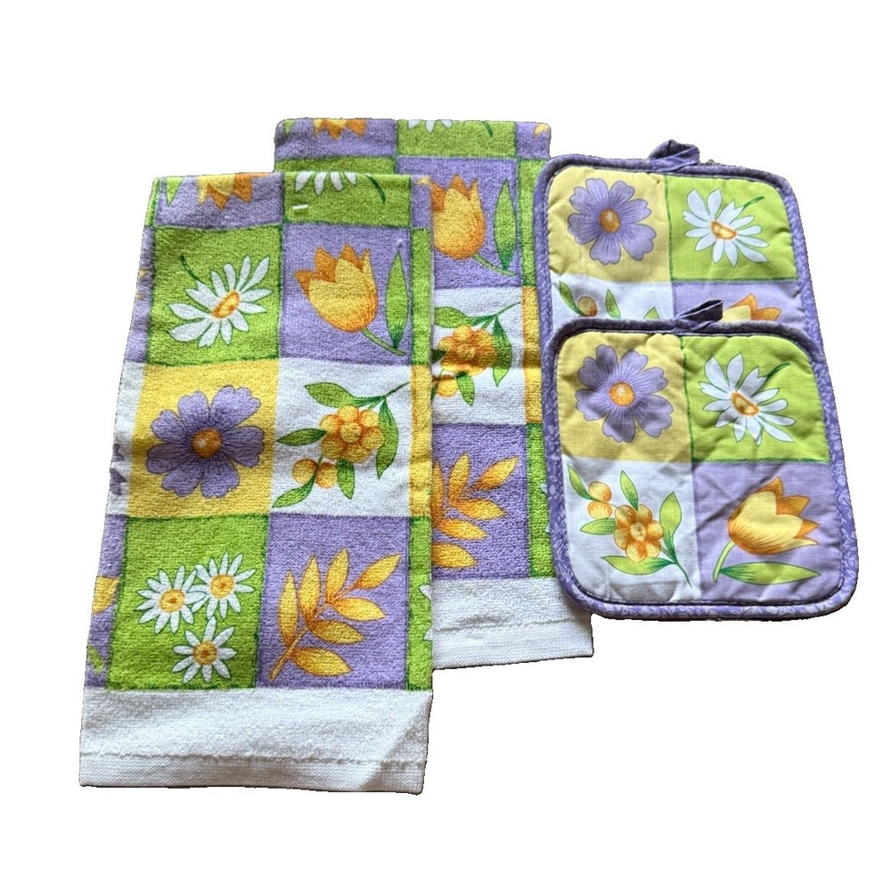 Vintage SLI Floral Kitchen Towel & Pot Holder Set Of 4 Two Each